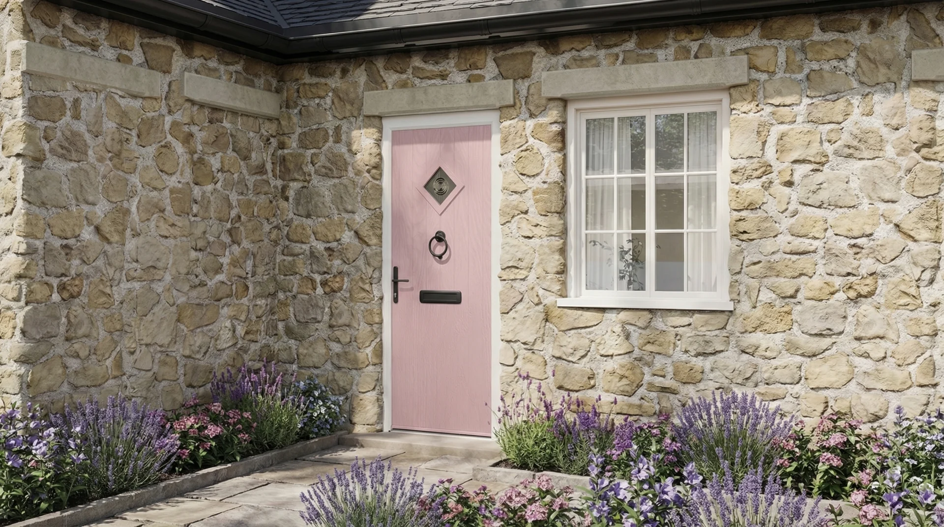 Hurst Composite Door in Dusty Pink with varied Door furniture